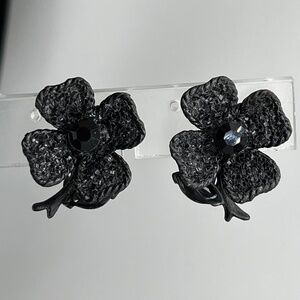 Vintage Black Sparkle and Gem, Flower Clip Earrings